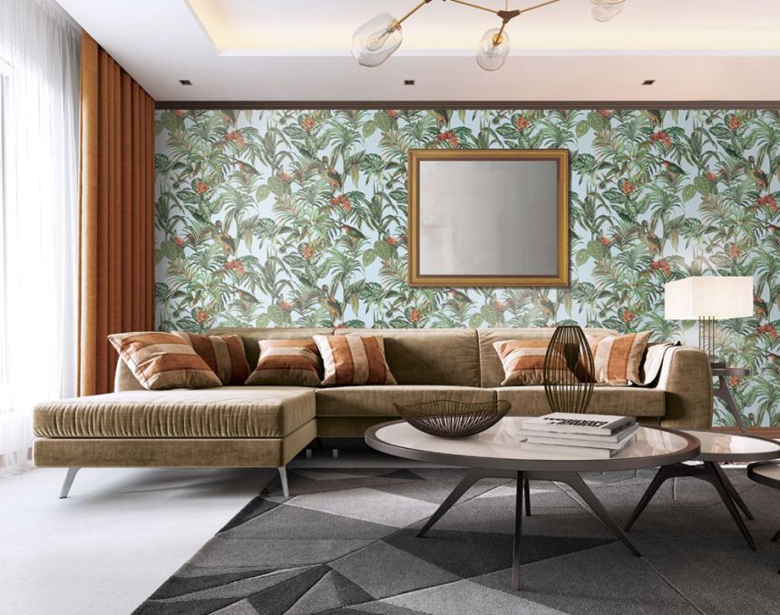 Luxury non-woven wallpaper, blue, birds, flowers, leaves, DE120014, Best Sellers, Design ID