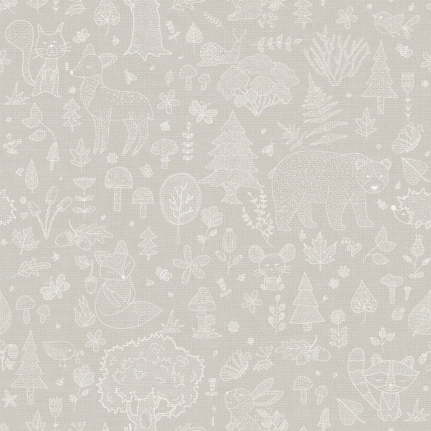 Gray children's wallpaper, animals, plants, 14807, Happy, Parato