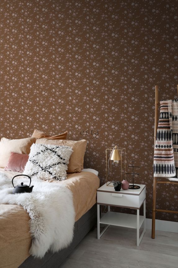 Brown non-woven floral wallpaper, 139286, Vintage Flowers, Esta Home