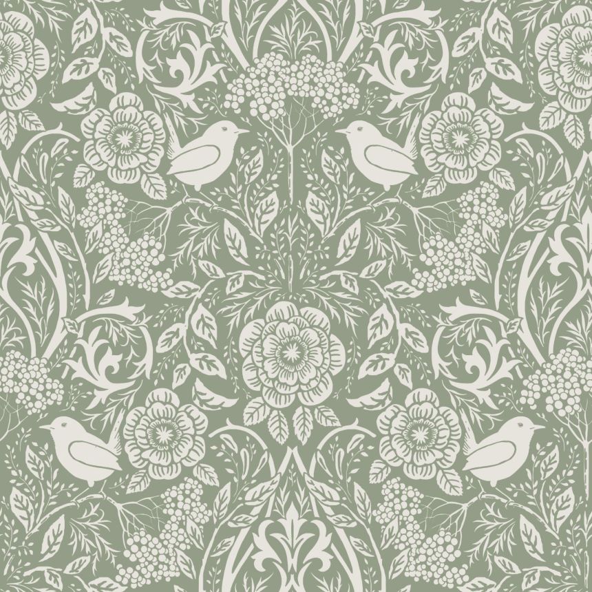 Green non-woven wallpaper with plants and birds, 139293, Vintage Flowers, Esta Home