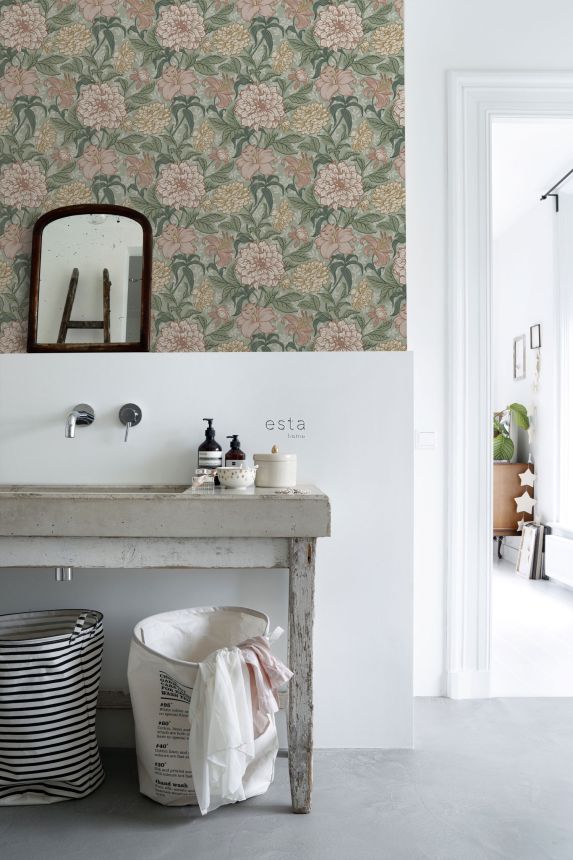 Green non-woven wallpaper with flowers, 139378, Vintage Flowers, Esta Home