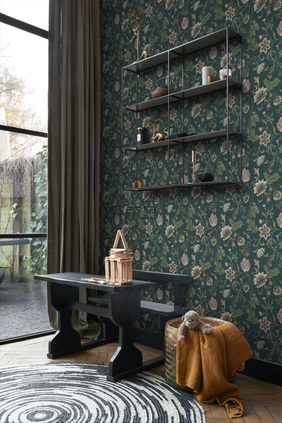 Green non-woven floral wallpaper, 139415, Vintage Flowers, Esta Home
