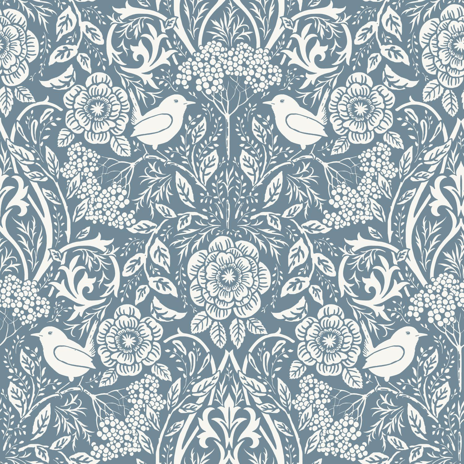 Blue wallpaper with plants and birds, 139477, Vintage Flowers, Esta Home