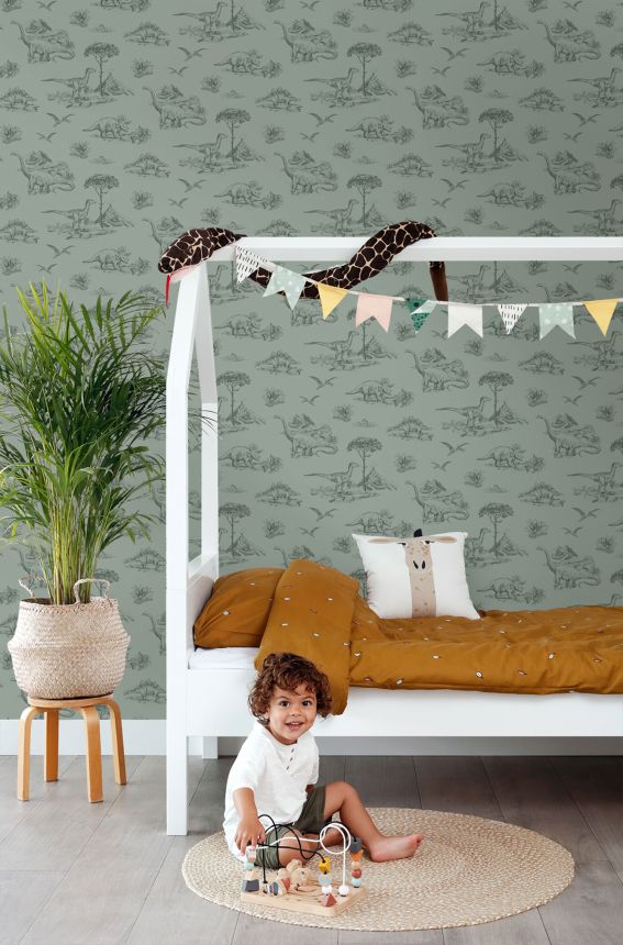 Green children's wallpaper with dinosaurs 139358, To the Moon and Back, Esta Home