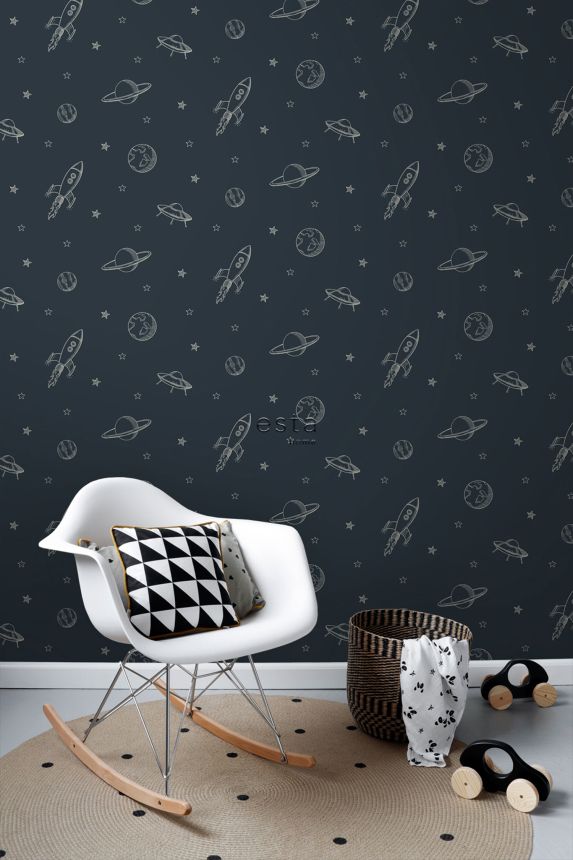 Blue non-woven wallpaper, Universe, 139422, To the Moon and Back, Esta Home