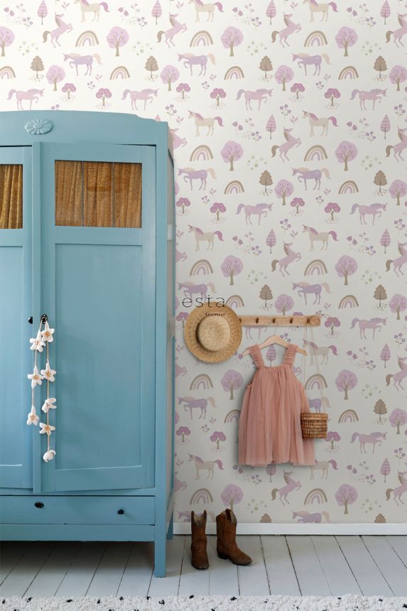 Children's purple wallpaper, rainbows and unicorns, 139504, To the Moon and Back, Esta Home