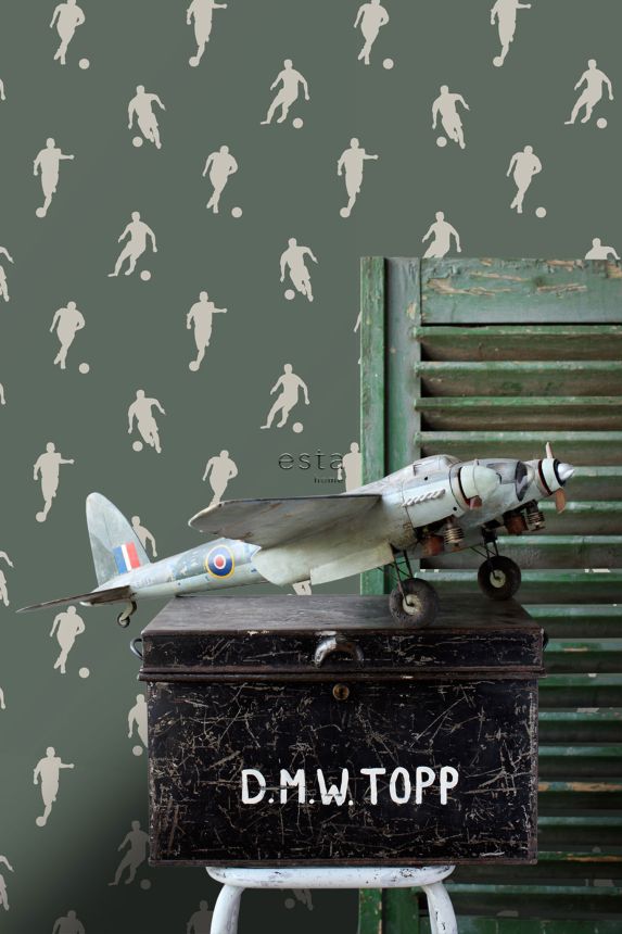 Dark green wallpaper with soccer players, 139507, To the Moon and Back, Esta Home