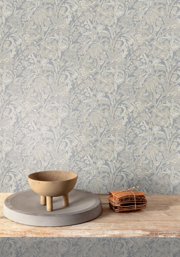 Grey-silver wallpaper with flowers and leaves, SUM501, Summer, Khroma by Masureel