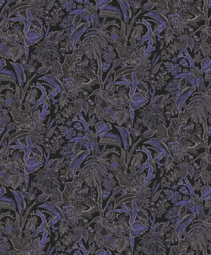 Black-blue wallpaper with flowers and leaves, SUM503, Summer, Khroma by Masureel