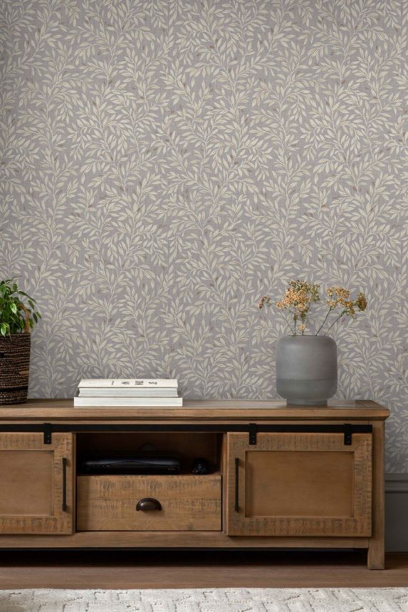 Gray wallpaper with twigs, leaves, 118263, Next