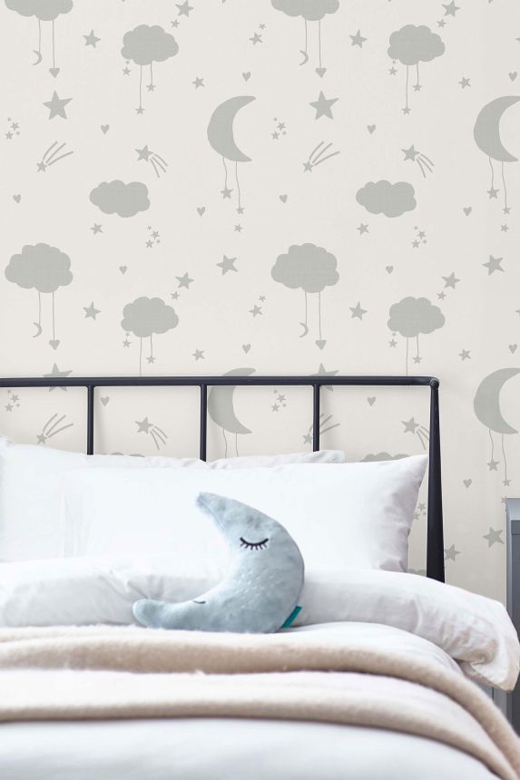 Children's white-gray wallpaper with clouds and stars, 118332, Next