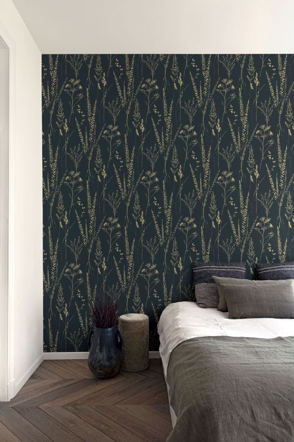 Black and gold wallpaper with grasses, A64203, Vavex 2025