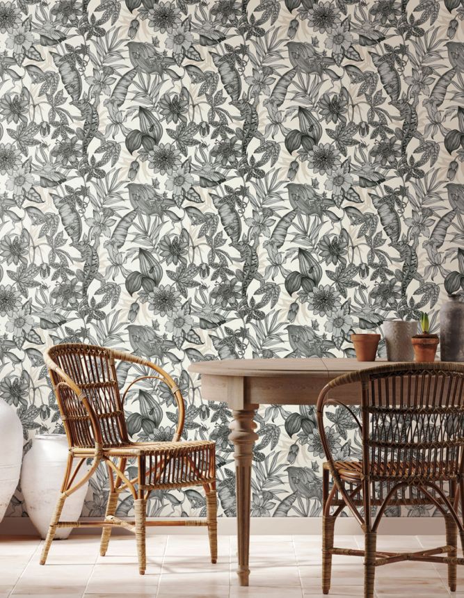 Black and white non-woven wallpaper, tropical forest, BL1703, Blooms Second Edition Resource Library, York