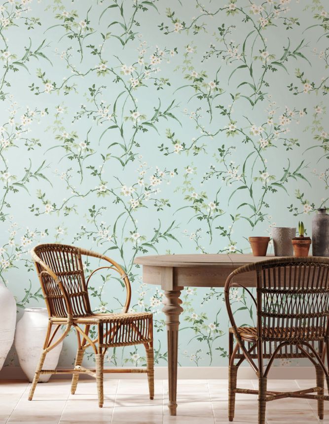 Light blue non-woven wallpaper, blossom branches, BL1742, Blooms Second Edition Resource Library, York