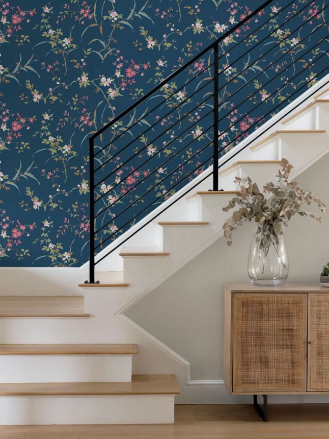 Blue non-woven wallpaper, blossom branches, BL1745, Blooms Second Edition Resource Library, York