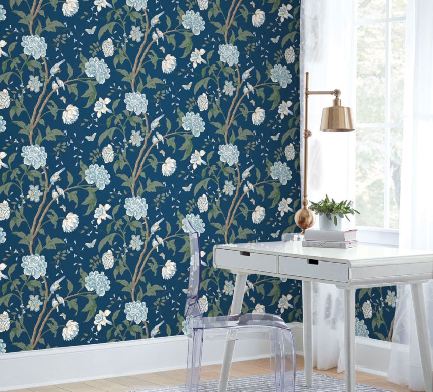 Blue non-woven wallpaper, blossom branches, BL1782, Blooms Second Edition Resource Library, York