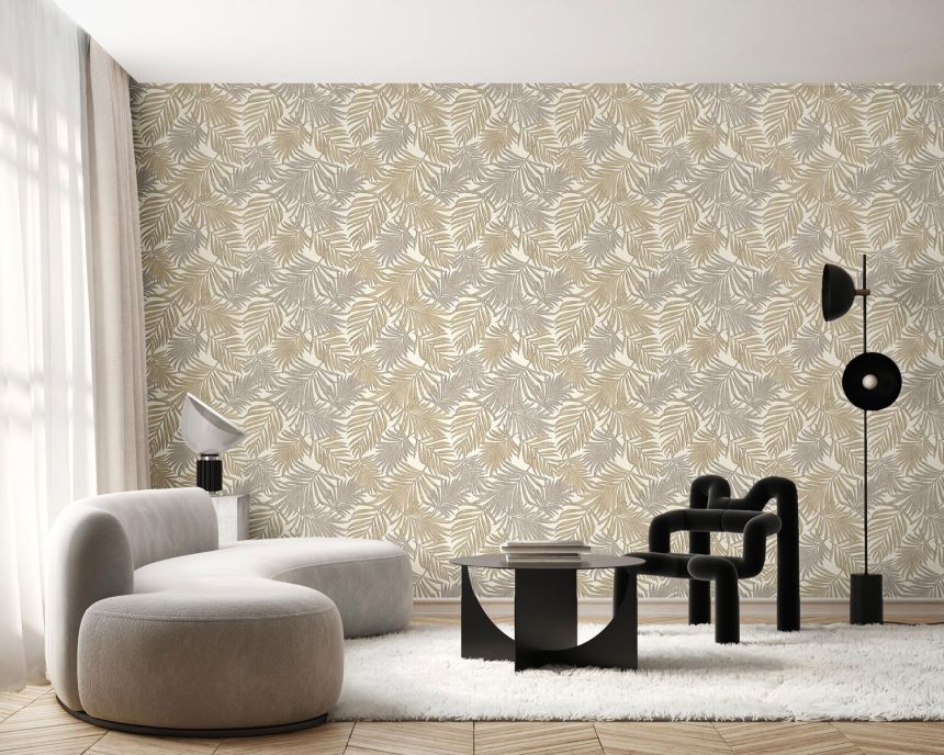 Luxury gray-cream non-woven wallpaper with leaves, 07502, Makalle II,Limonta