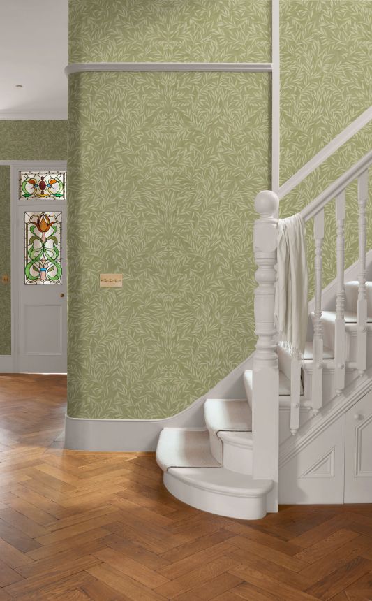 Green non-woven wallpaper with leaves, 121441, New Eden, Graham&Brown Premium