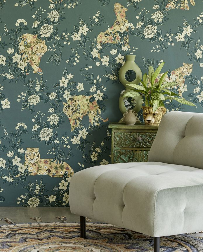 Green wall mural, beasts, flowers, 333553, Festival, Eijffinger
