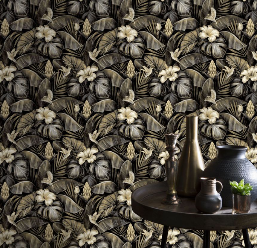 Non-woven wallpaper, beige, flowers, leaves,  hummingbirds, NHW1002, Perla, Decoprint