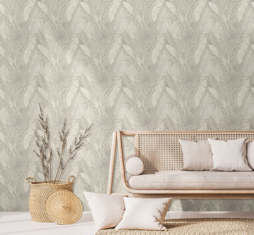 Non-woven wallpaper, gray-cream, leaves, NHW1015, Perla, Decoprint
