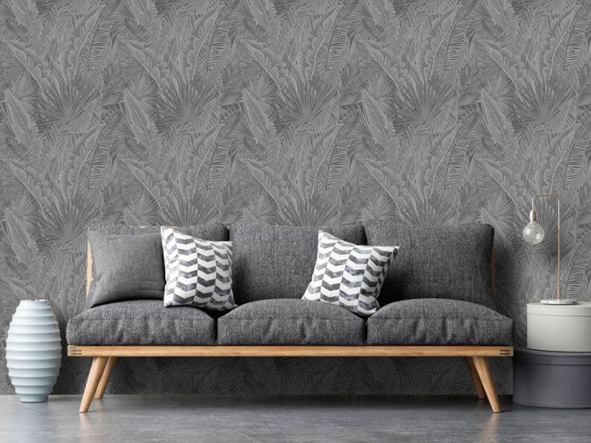 Non-woven wallpaper, gray-black, leaves, NHW1016, Perla, Decoprint