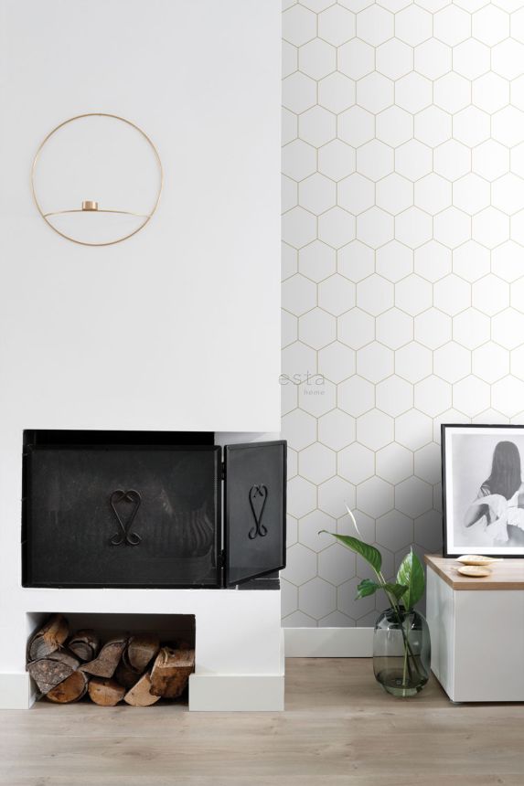 Geometric non-woven wallpaper, white-gold, 139312, Bloom, Esta Home