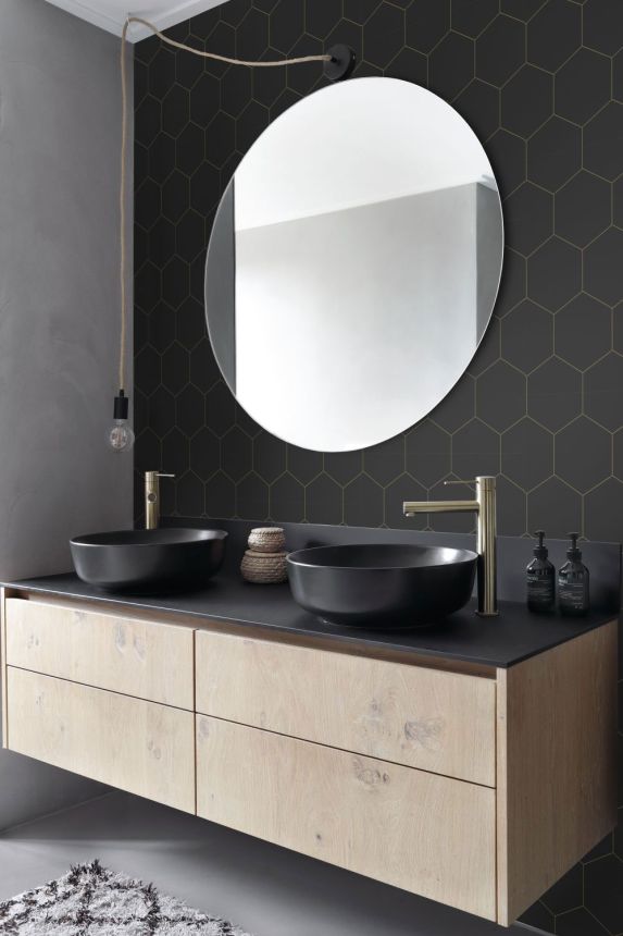 Geometric non-woven wallpaper, black-gold, 139313, Bloom, Esta Home