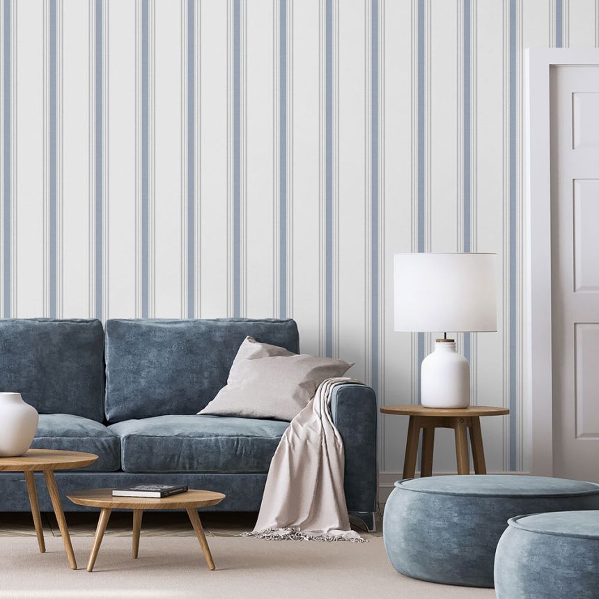 Non-woven wallpaper, blue, stripes,  9810-1, Essential Stripes, ICH Wallcoverings