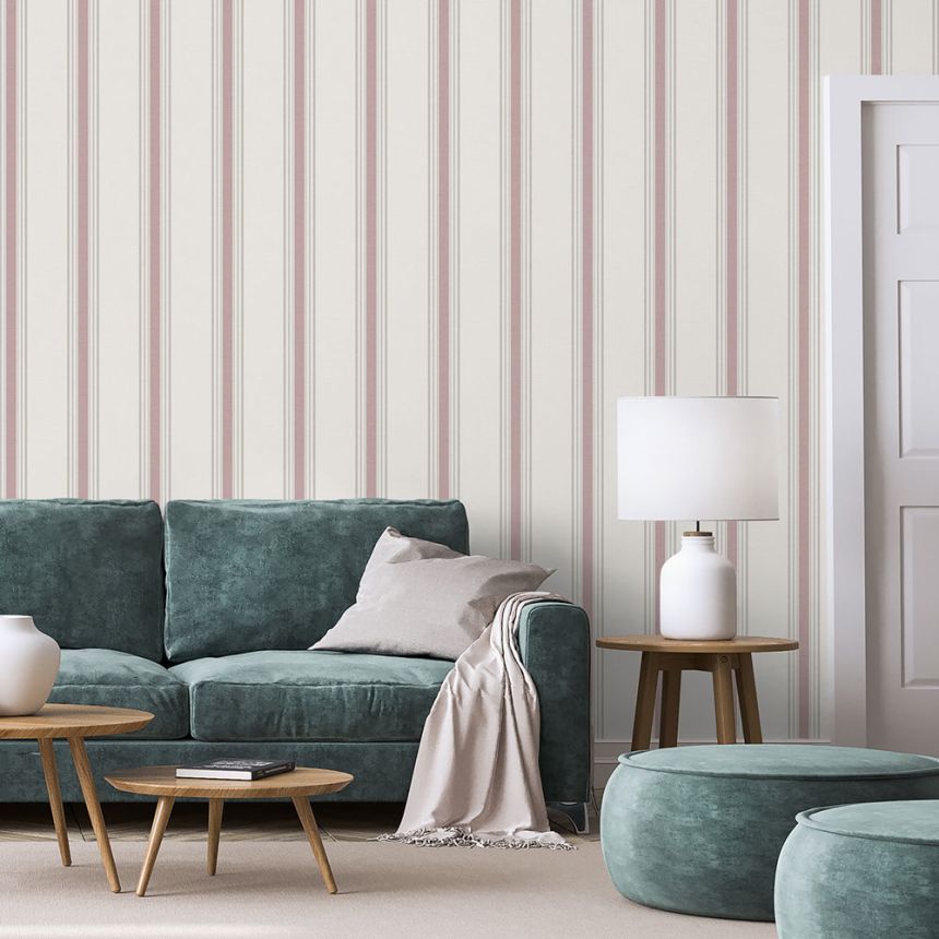 Non-woven wallpaper, pink, stripes,  9810-5, Essential Stripes, ICH Wallcoverings