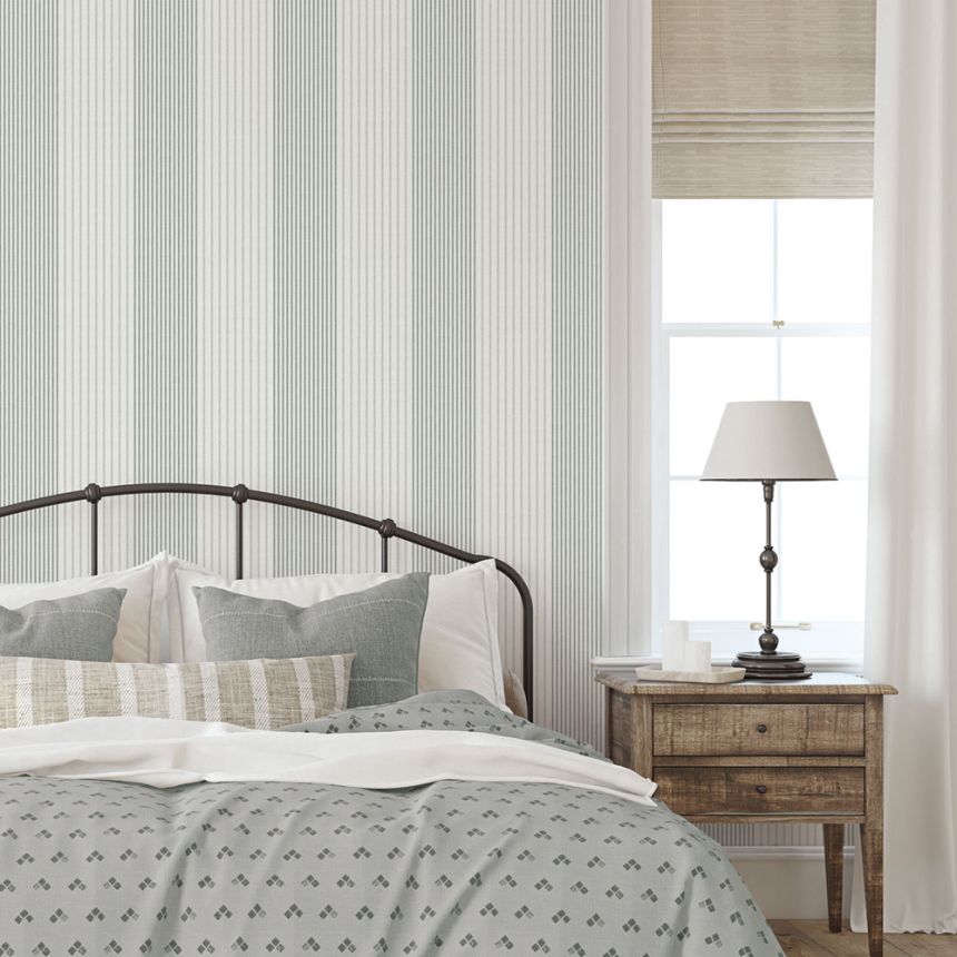 Non-woven wallpaper, green, stripes,  9811-4, Essential Stripes, ICH Wallcoverings