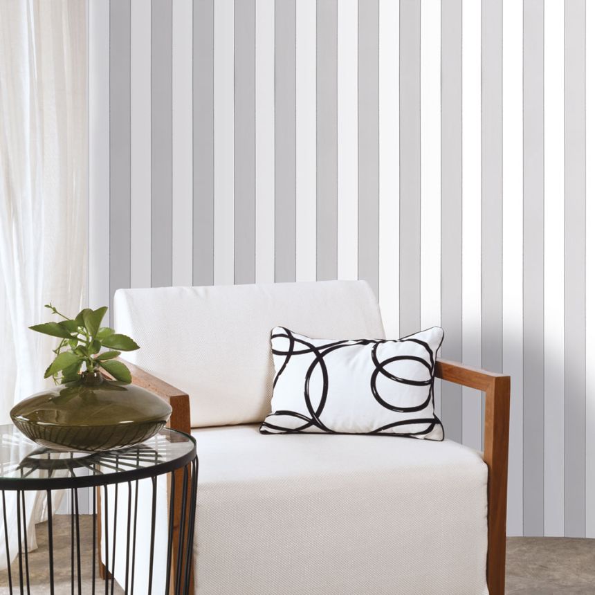 Non-woven wallpaper, gray-white, stripes,  5060-2, Essential Stripes, ICH Wallcoverings