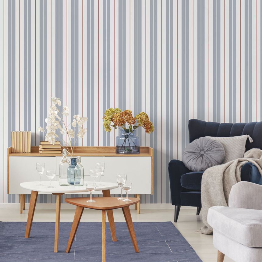 Non-woven wallpaper, blue, stripes,  9815-1, Essential Stripes, ICH Wallcoverings