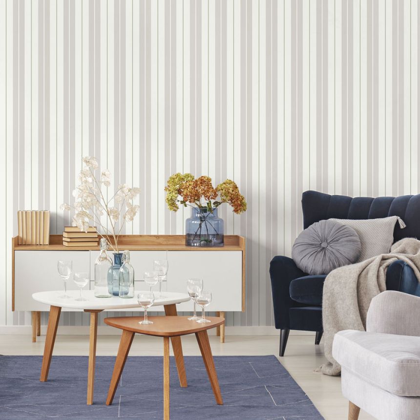 Non-woven wallpaper, gray-green, stripes,  9815-5, Essential Stripes, ICH Wallcoverings