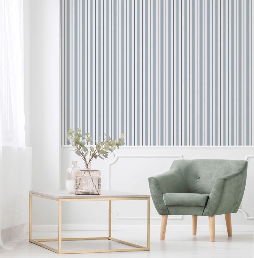Non-woven wallpaper, blue, stripes,  9816-2, Essential Stripes, ICH Wallcoverings