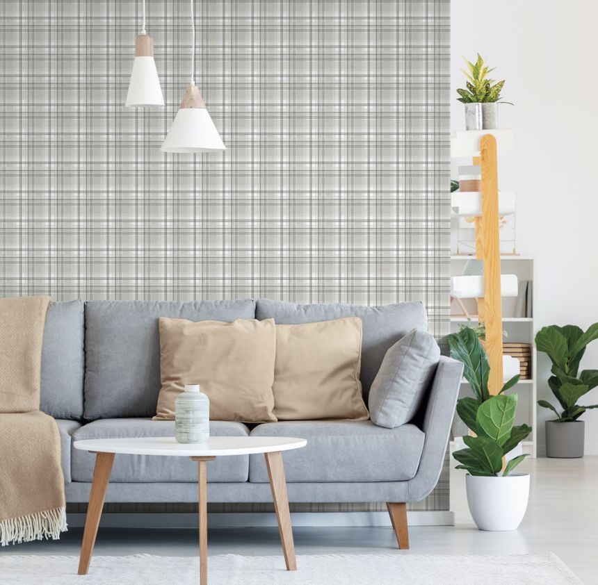 Non-woven wallpaper, gray, checkered,  9819-4, Essential Stripes, ICH Wallcoverings