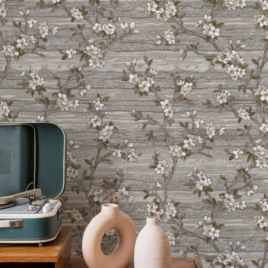 Non-woven wallpaper, grey, flowers, 1505-3, Vera, AdaWall