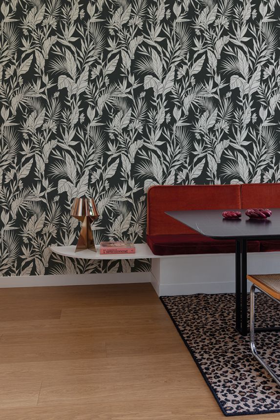 Black non-woven wallpaper, leaves, A71103, Vavex 2026