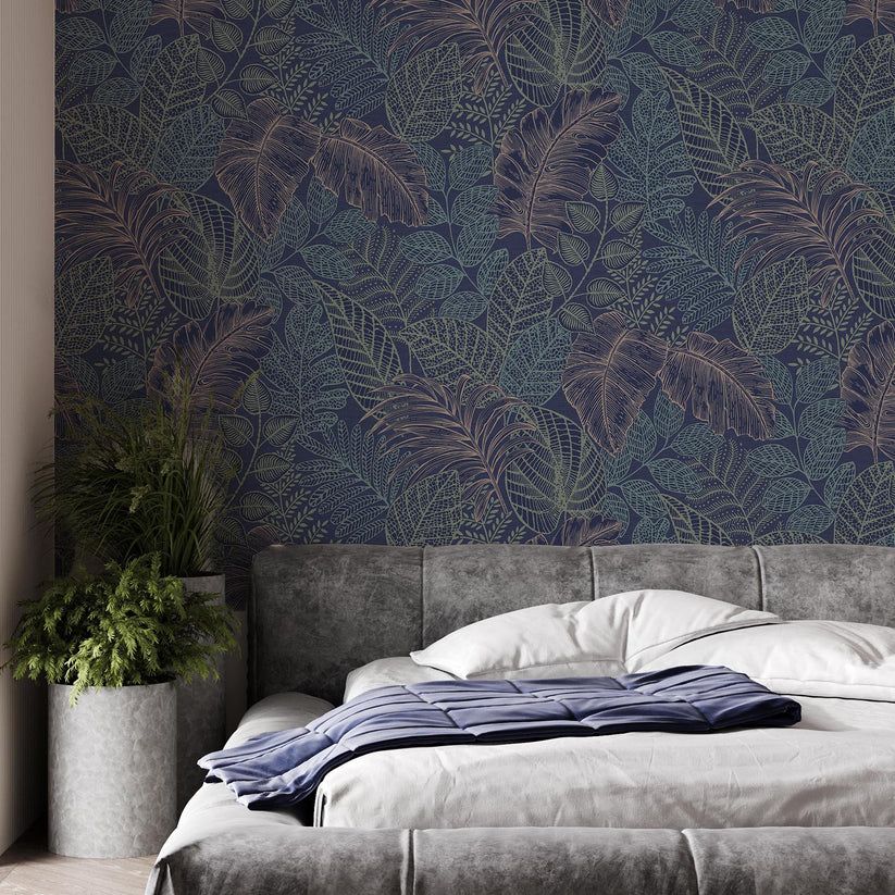 Blue non-woven wallpaper, leaves, 122422, Solace, Superfresco Easy