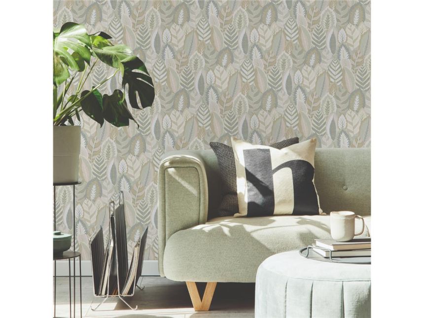 Grey-green wallpaper with leaves, 121807, Solace, Superfresco Easy
