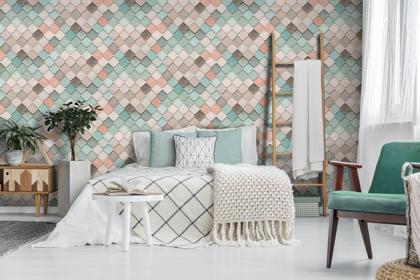 3D non-woven wallpaper, beige-turquoise, tiling, M76004, Artifice, Ugépa