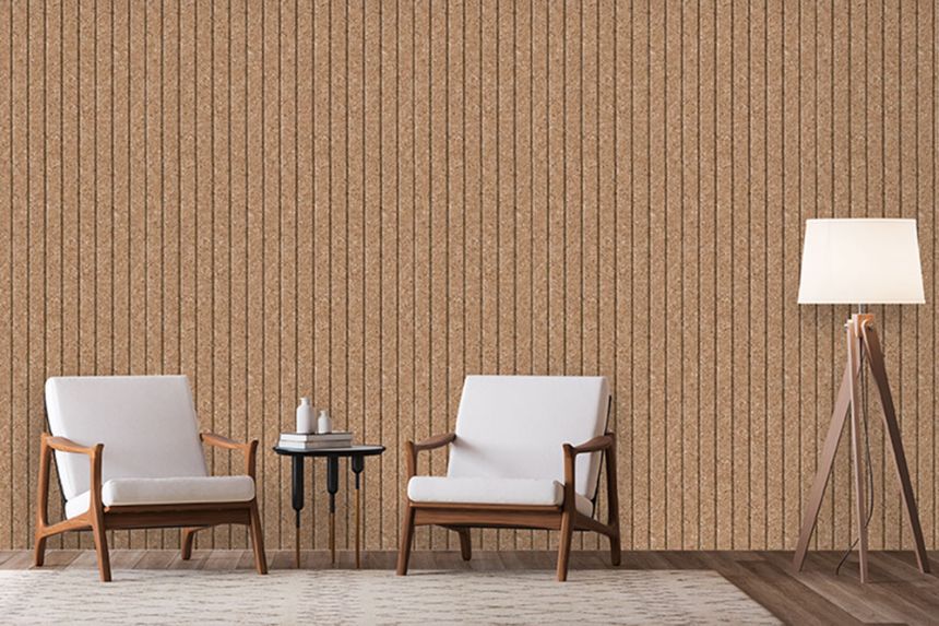Non-woven wallpaper, brown, cork imitation, stripes, M75308, Brut, Ugépa