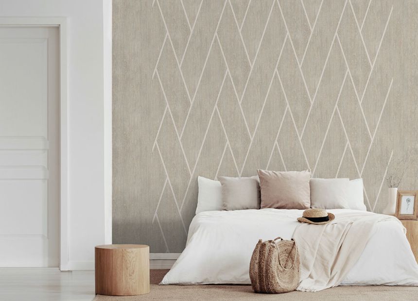 Geometric non-woven wallpaper, beige, wood, M75717, Brut, Ugépa