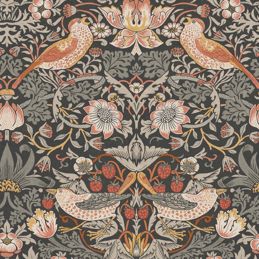 Non-woven wallpaper, gray-black, flowers, birds, 124230, William Morris At Home