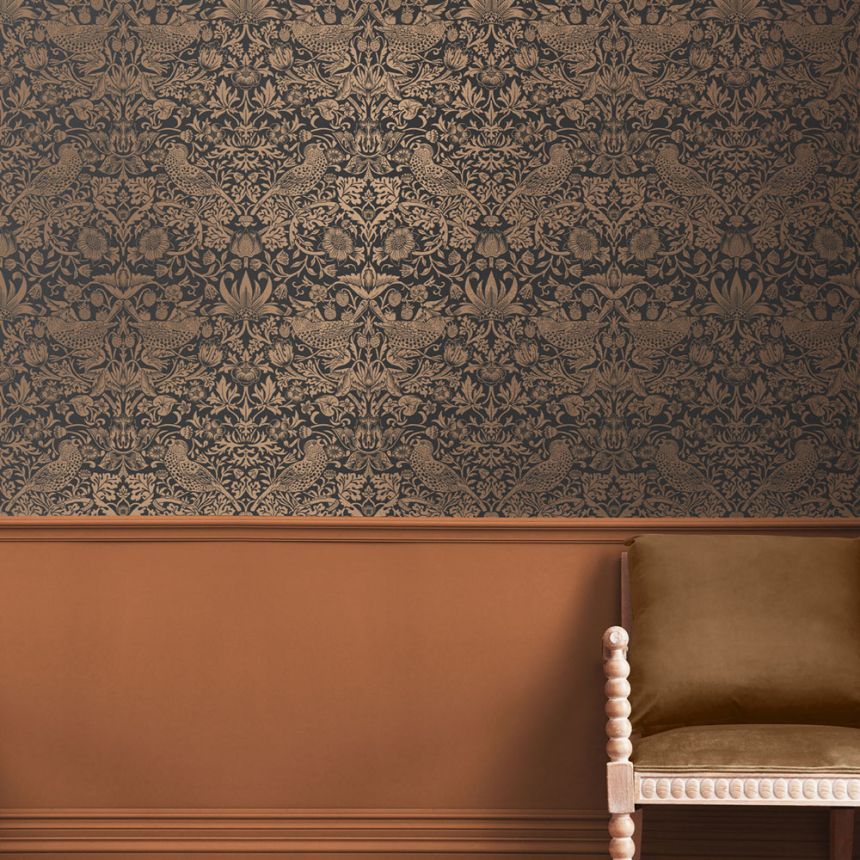 Non-woven wallpaper, black-bronze, flowers, birds, 124236, William Morris At Home
