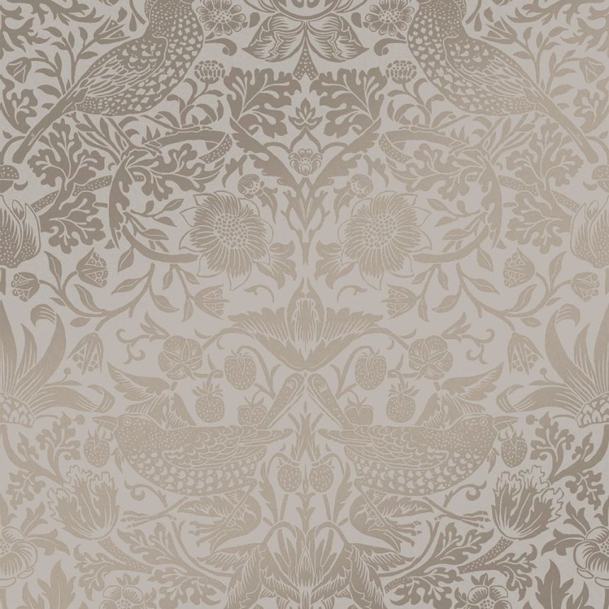 Non-woven wallpaper, gray-beige, flowers, birds, 124238, William Morris At Home