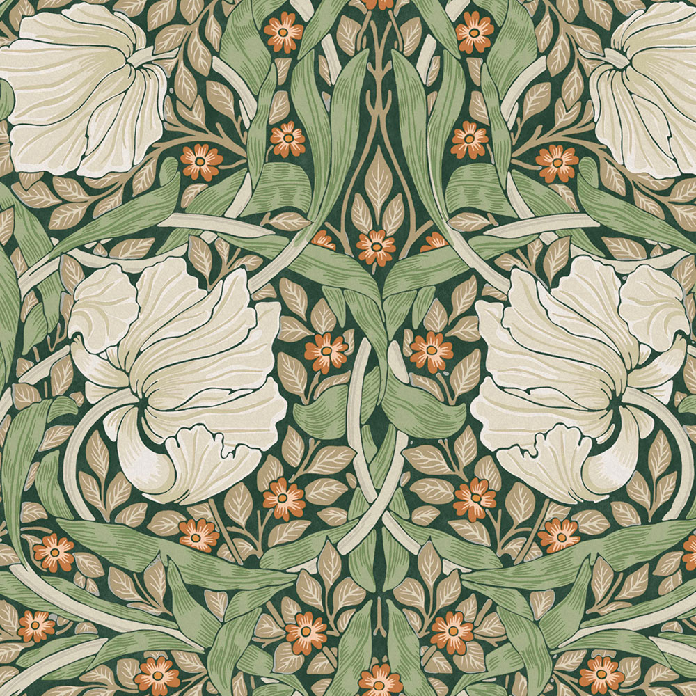 Non-woven wallpaper, green-beige, flowers, 124242, William Morris At Home