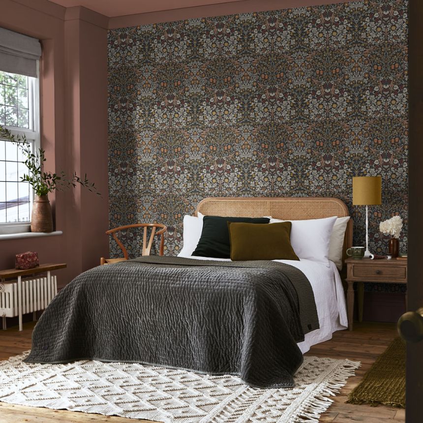 Non-woven wallpaper, gray-black, flowers, leaves, 124250, William Morris At Home