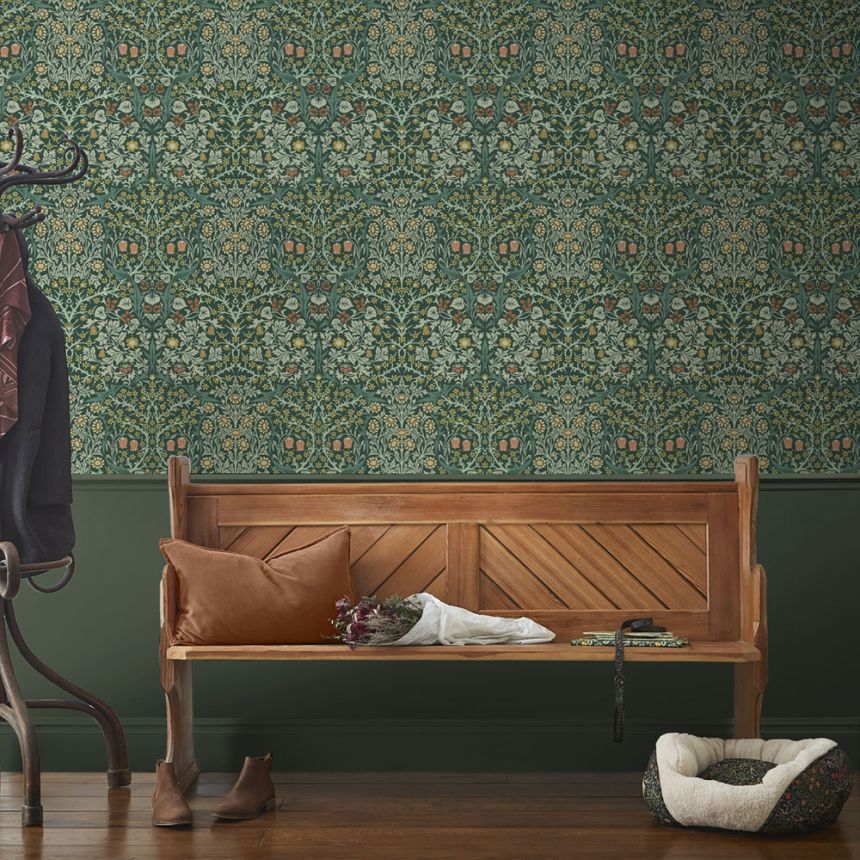 Non-woven wallpaper, green, flowers, leaves, 124252, William Morris At Home