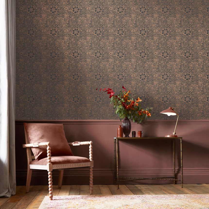 Non-woven wallpaper, black-bronze, flowers, leaves, 124254, William Morris At Home